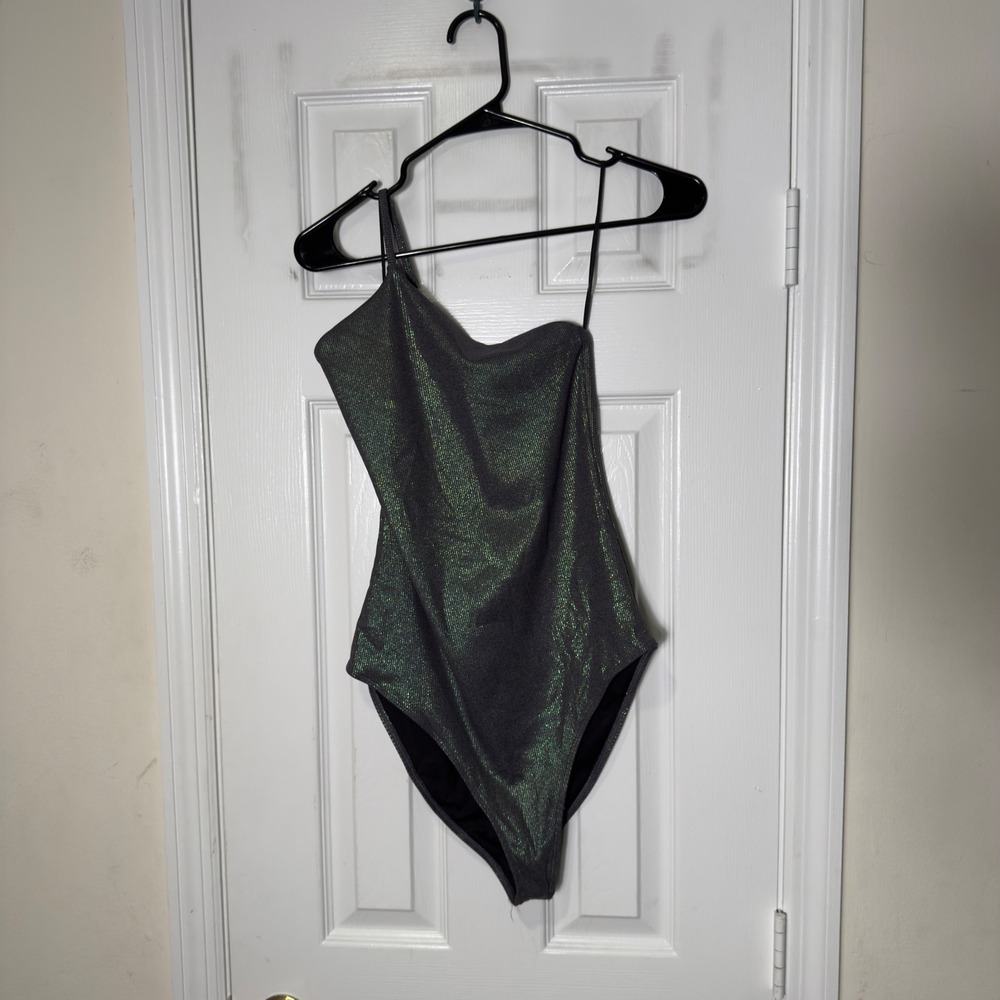 Alo Yoga Alosoft Ribbed Shimmer Plie Bodysuit Grey Iridescent One Shoulder Large